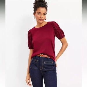 LOFT Mixed Media Smocked Puff Sleeve Top